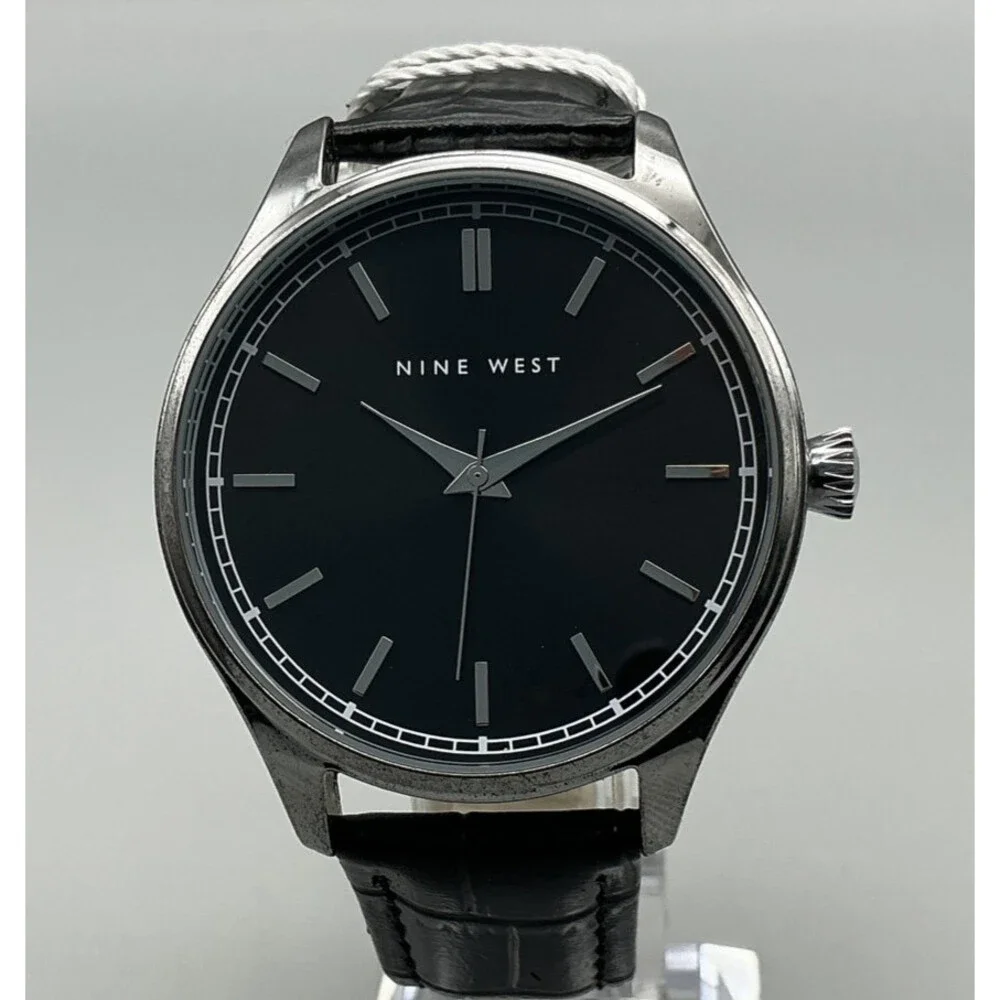 Nine West Womens Watch 42mm Silver Tone Black Dial Black Leather NWW2201W